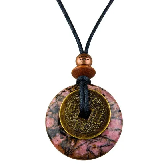 Rhodonite and Lucky Coin Necklace Handmade - Picture 2 of 4